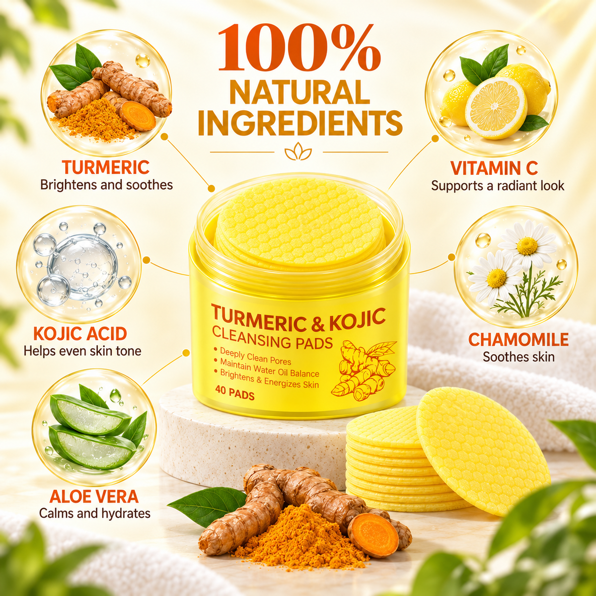 💛Turmeric Kojic Acid Facial Cleansing Skincare Pads